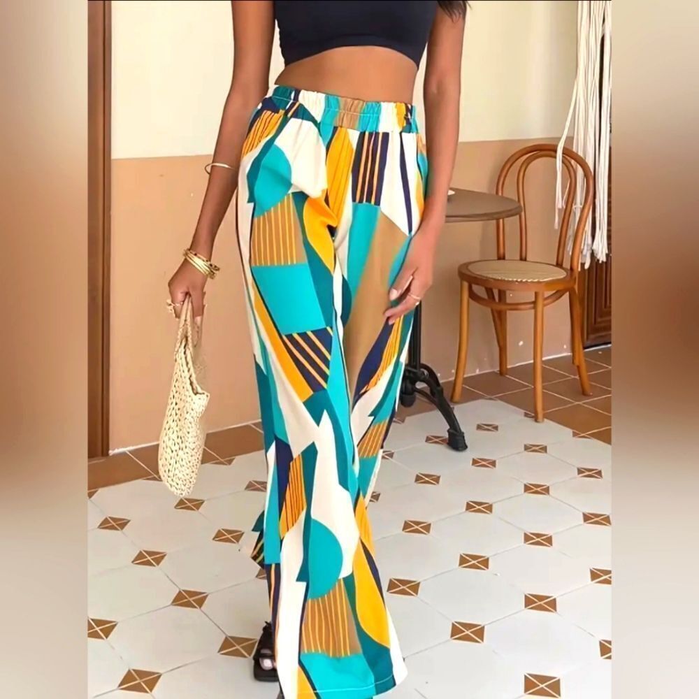 Ladies boho Color Block wide leg pants sz medium
